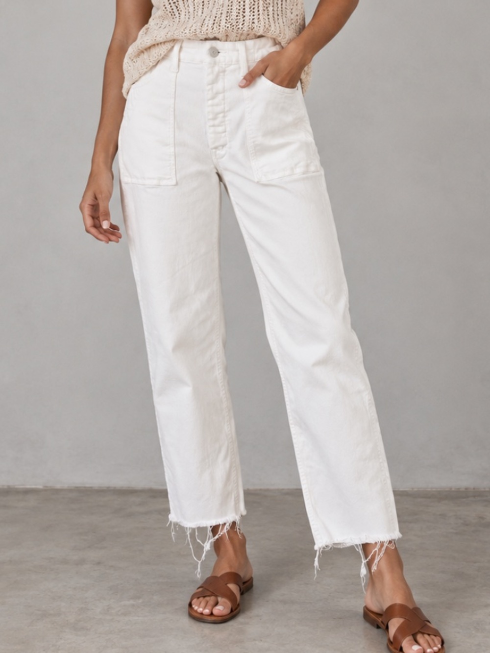 MOTHER Patch Pocket Private Ankle Fray Stretch Jeans Fairest Of Them All White